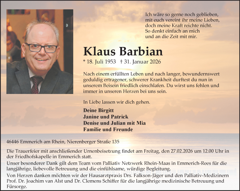  Traueranzeige für Klaus Barbian vom 07.02.2026 aus NNA