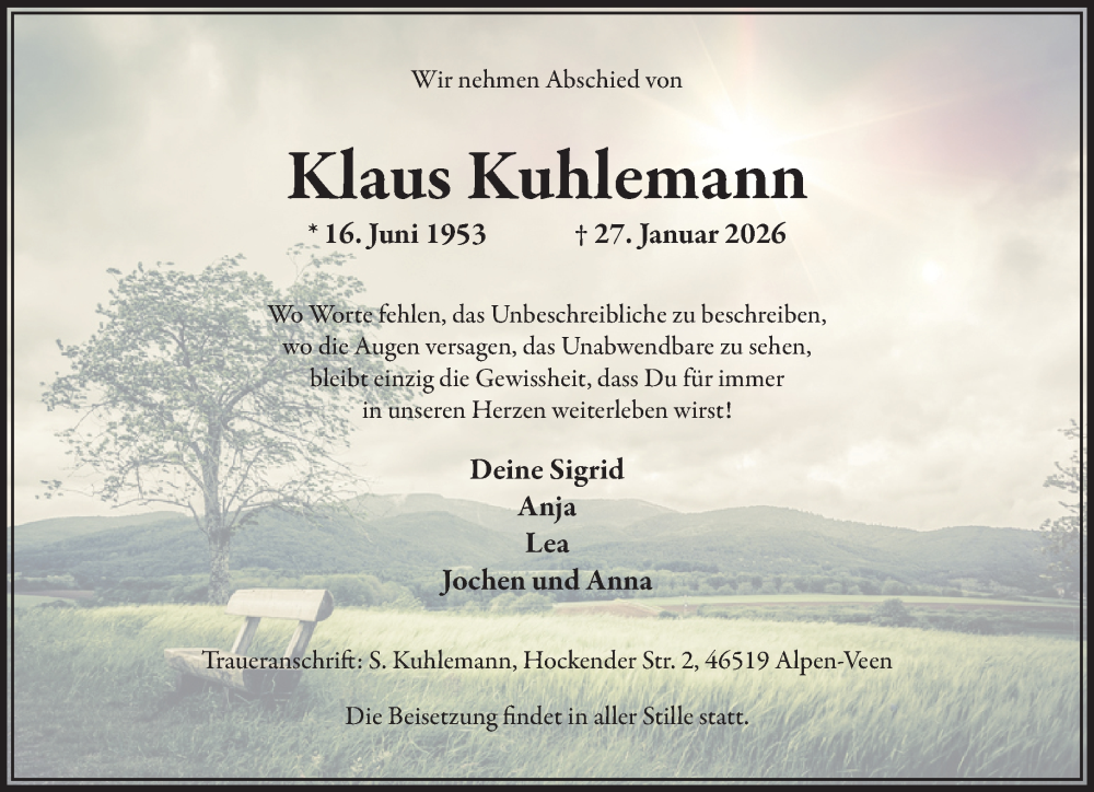 Traueranzeige für Klaus Kuhlemann vom 07.02.2026 aus NNA