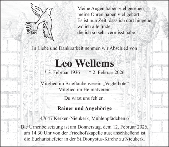 Traueranzeige von Leo Wellems von NNA