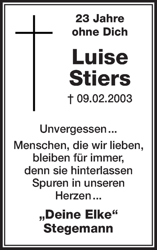 Traueranzeige von Luise Stiers von NNA