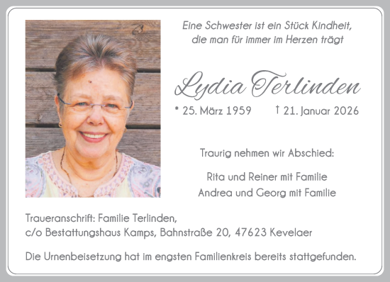 Traueranzeige von Lydia Terlinden von NNA