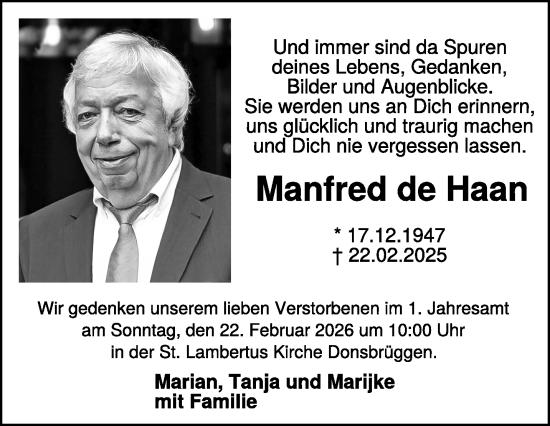 Traueranzeige von Manfred de Haan von NNA