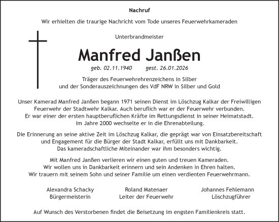 Traueranzeige von Manfred Janßen von NNA
