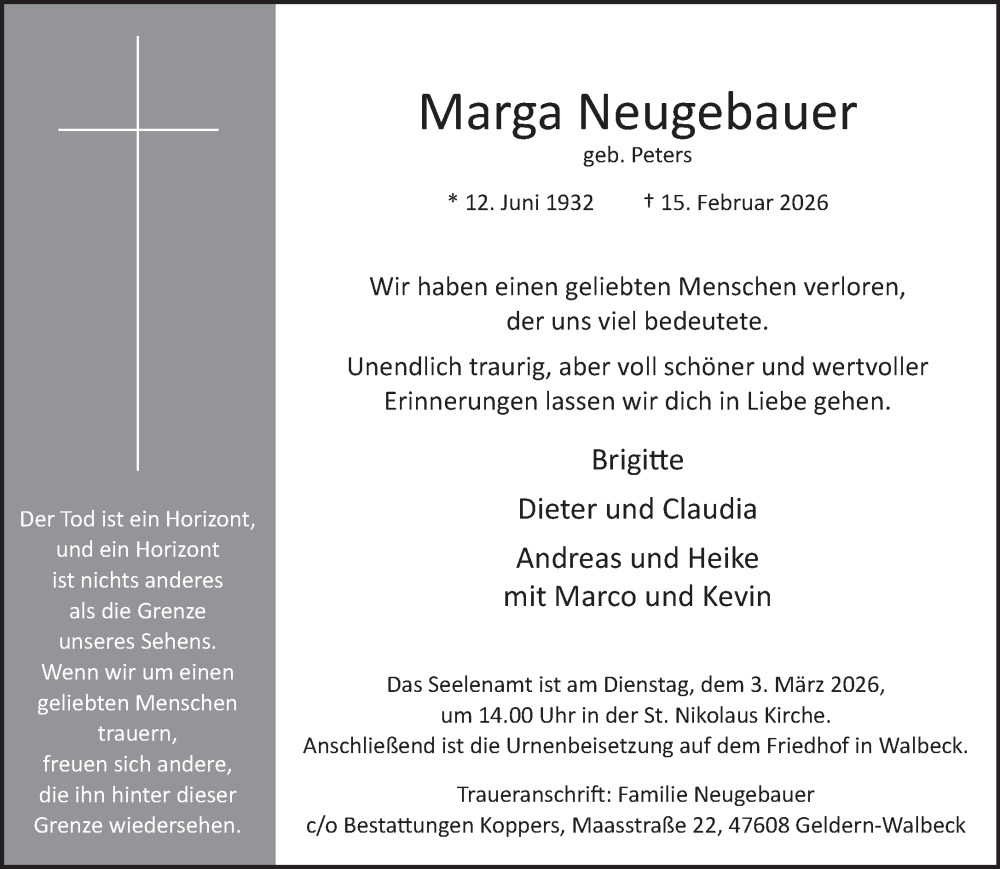  Traueranzeige für Marga Neugebauer vom 21.02.2026 aus NNA