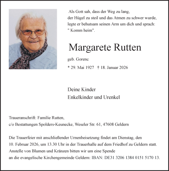 Traueranzeige von Margarete Rutten von NNA