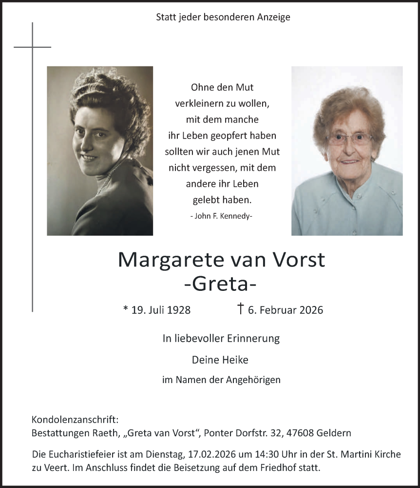 Traueranzeige für Margarete van Vorst vom 14.02.2026 aus NNA