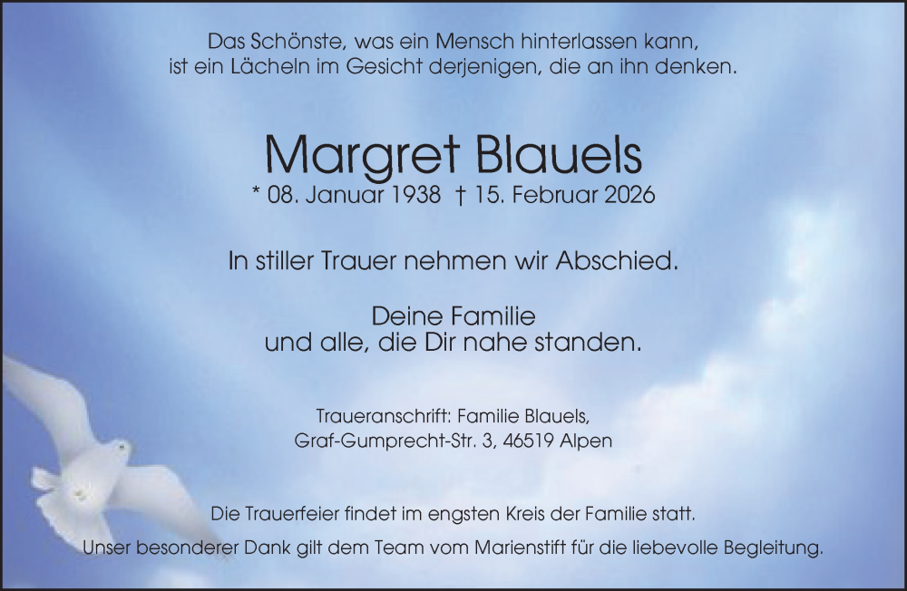  Traueranzeige für Margret Blauels vom 21.02.2026 aus NNA