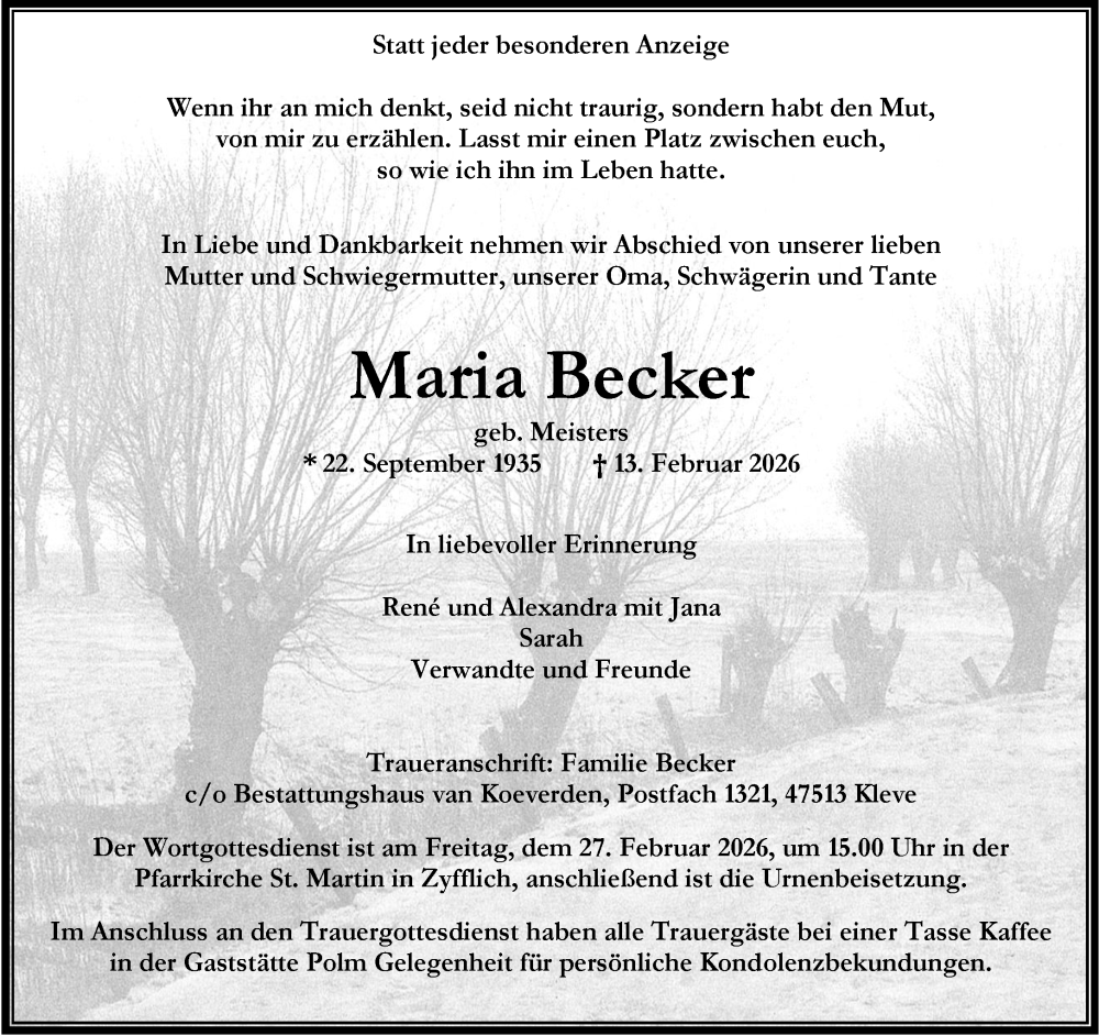  Traueranzeige für Maria Becker vom 21.02.2026 aus NNA