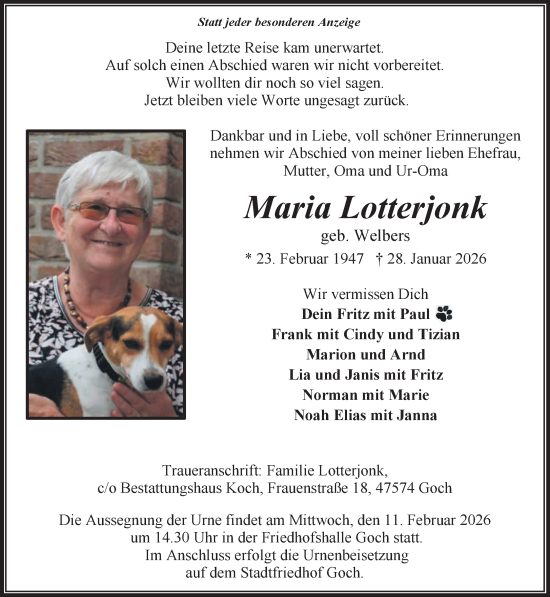 Traueranzeige von Maria Lotterjonk von NNA