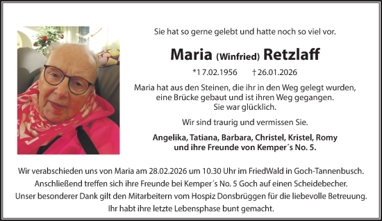 Traueranzeige von Maria Retzlaff von NNA