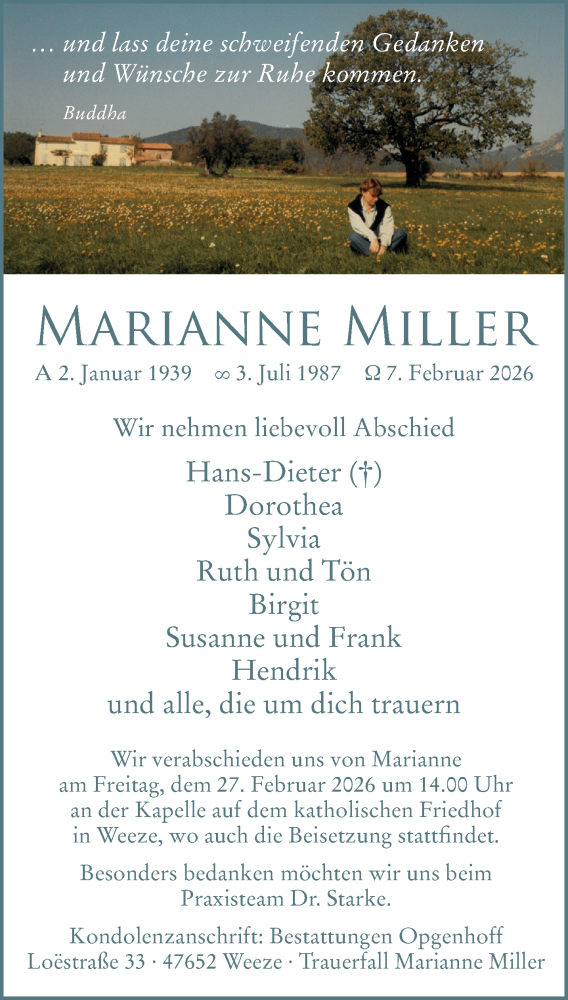  Traueranzeige für Marianne Miller vom 14.02.2026 aus NNA