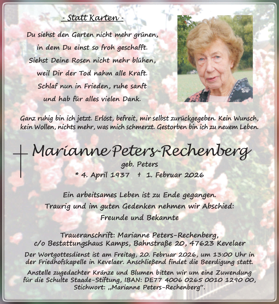  Traueranzeige für Marianne Peters-Rechenberg vom 14.02.2026 aus NNA