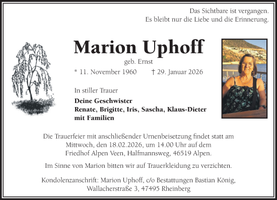 Traueranzeige von Marion Uphoff von NNA