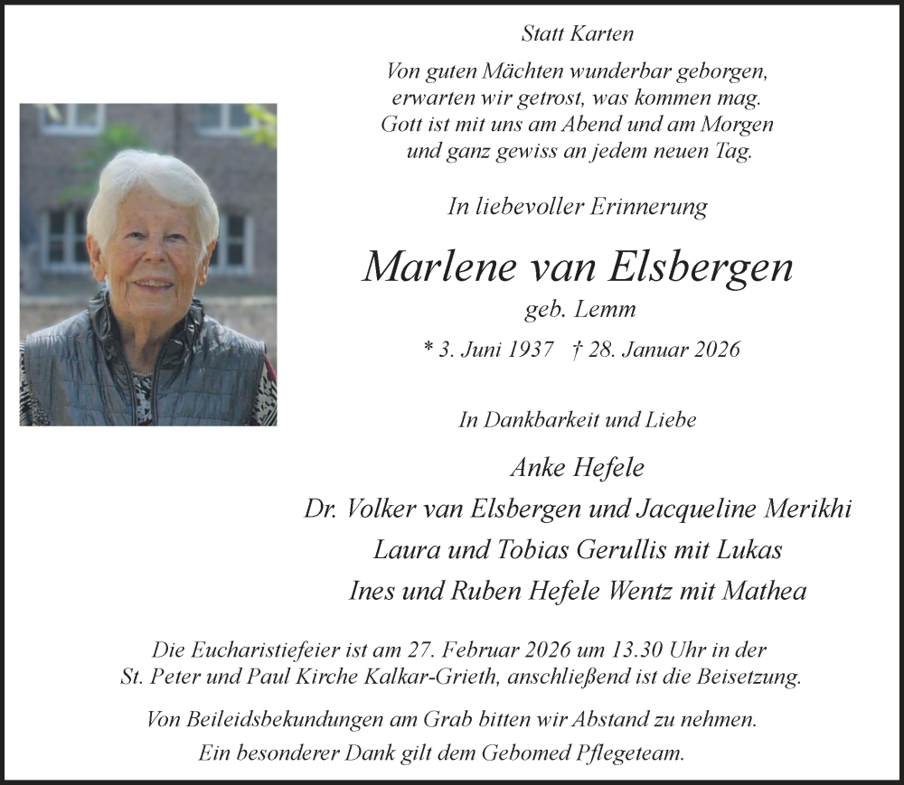  Traueranzeige für Marlene van Elsbergen vom 21.02.2026 aus NNA