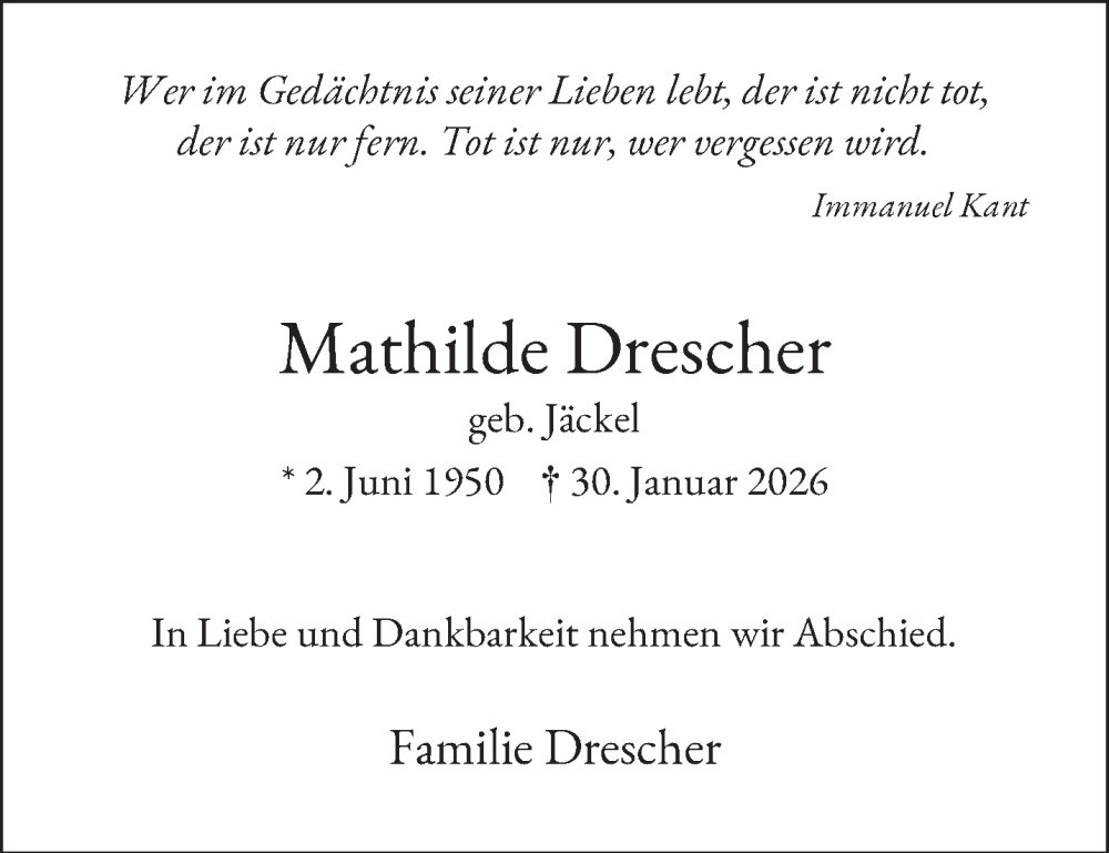  Traueranzeige für Mathilde Drescher vom 14.02.2026 aus NNA