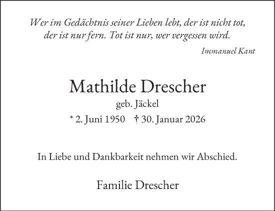 Traueranzeige von Mathilde Drescher von NNA