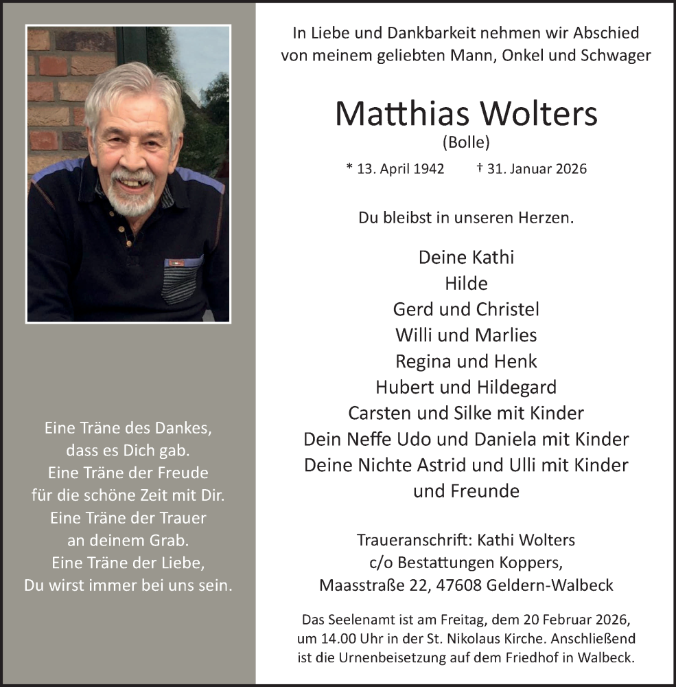  Traueranzeige für Matthias Wolters vom 14.02.2026 aus NNA