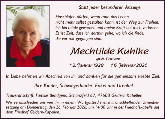 Traueranzeige von Mechtilde Kuhlke von NNA