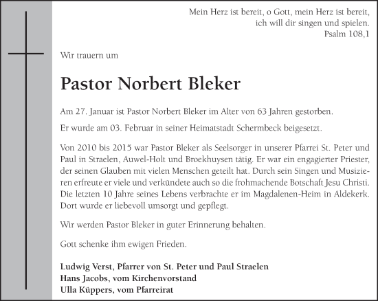 Traueranzeige von Norbert Bleker von NNA