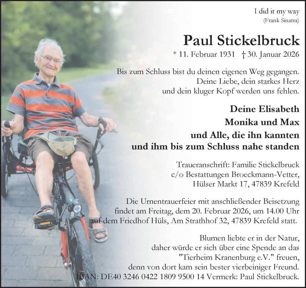  Traueranzeige für Paul Stickelbruck vom 07.02.2026 aus NNA