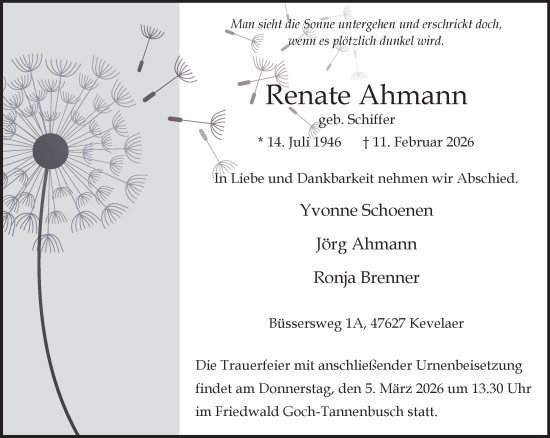 Traueranzeige von Renate Ahmann von NNA