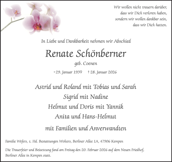 Traueranzeige von Renate Schönberner von NNA