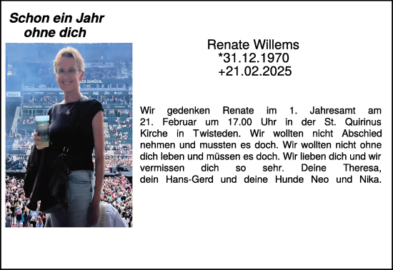 Traueranzeige von Renate Willems von NNA