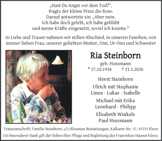 Traueranzeige von Ria Steinborn von NNA