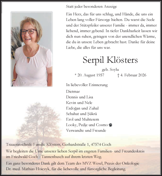 Traueranzeige von Serpil Klösters von NNA