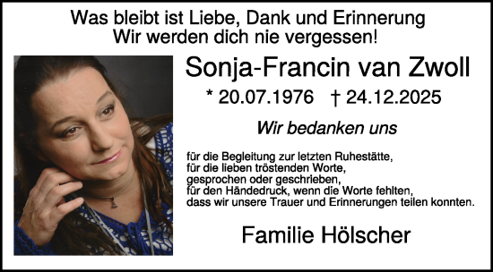 Traueranzeige von Sonja-Francin van Zwoll von NNA