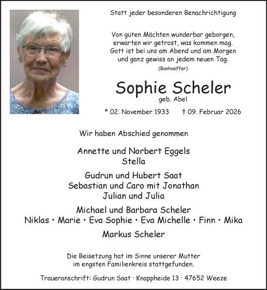 Traueranzeige von Sophie Scheler von NNA