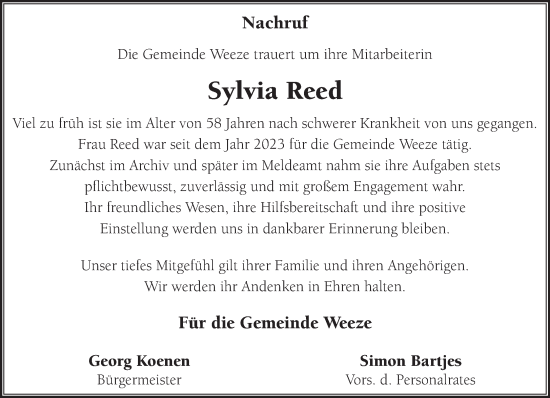 Traueranzeige von Sylvia Reed von NNA
