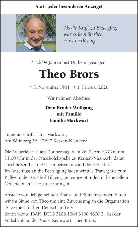 Traueranzeige von Theo Brors von NNA