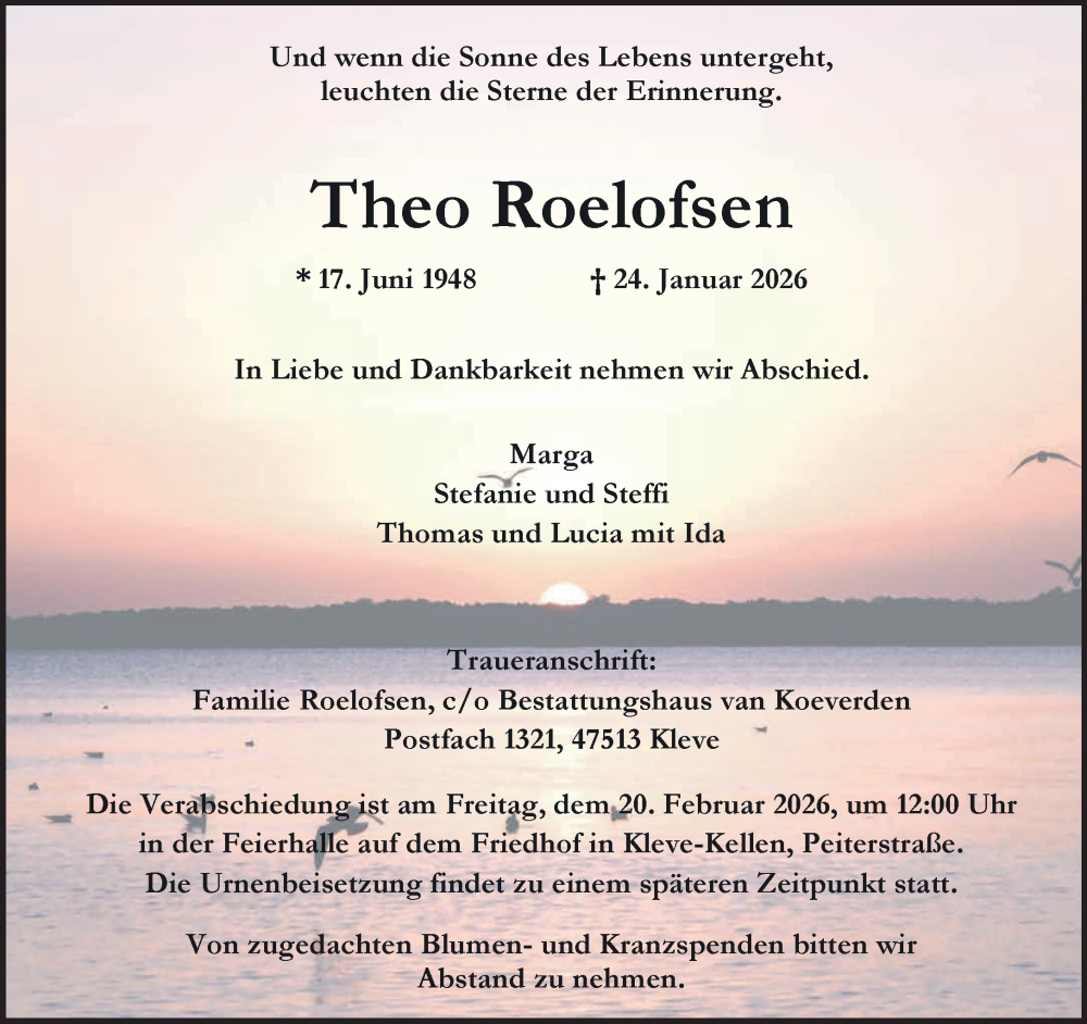  Traueranzeige für Theo Roelofsen vom 07.02.2026 aus NNA