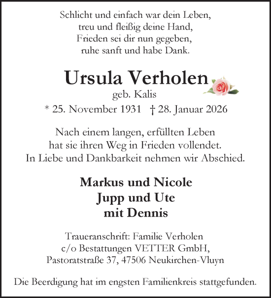 Traueranzeige von Ursula Verholen von NNA