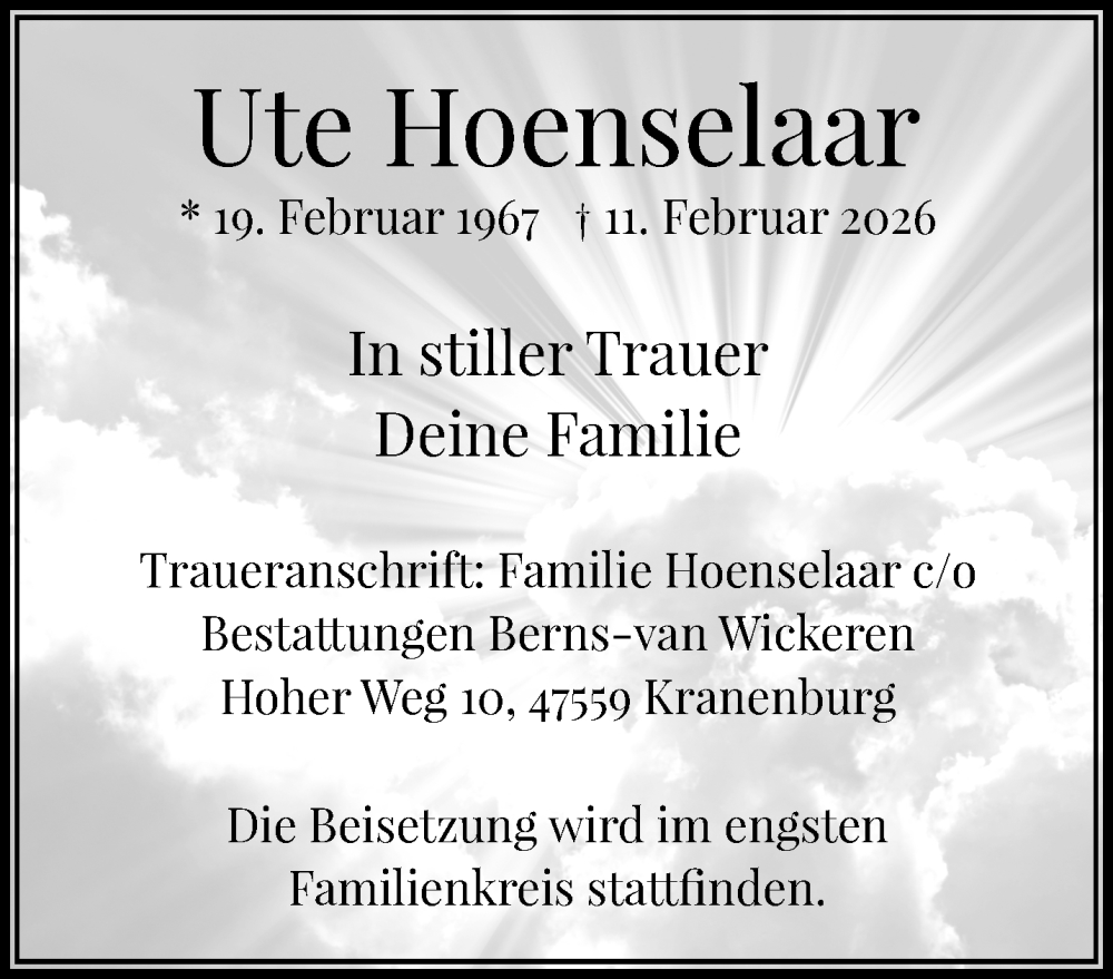  Traueranzeige für Ute Hoenselaar vom 21.02.2026 aus NNA