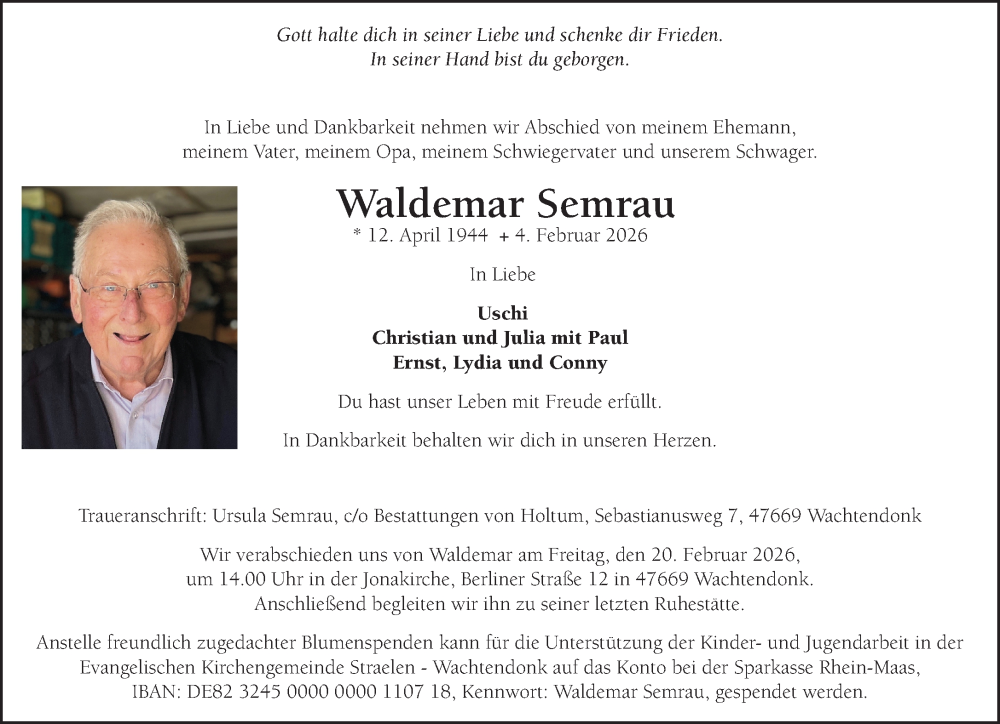  Traueranzeige für Waldemar Semrau vom 14.02.2026 aus NNA