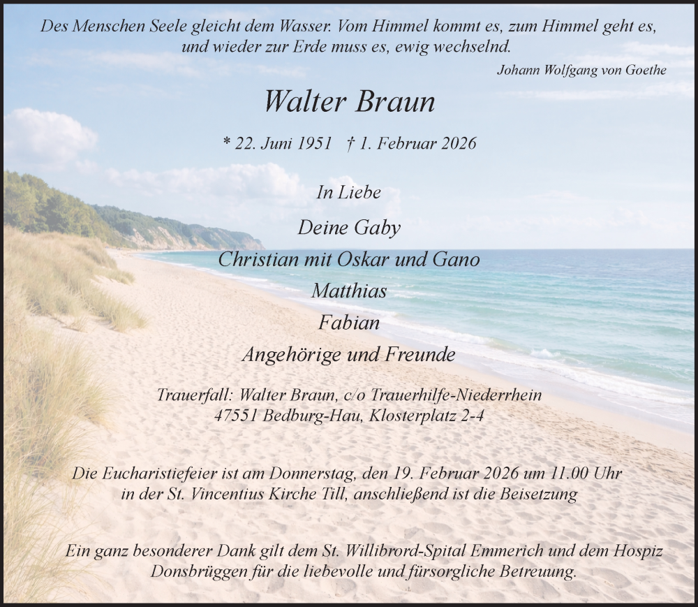  Traueranzeige für Walter Braun vom 14.02.2026 aus NNA