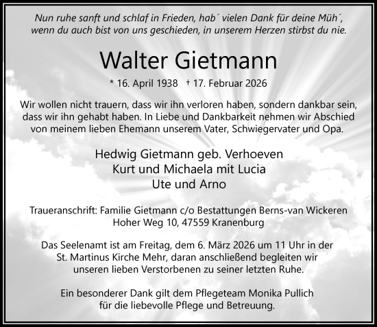 Traueranzeige von Walter Gietmann von NNA