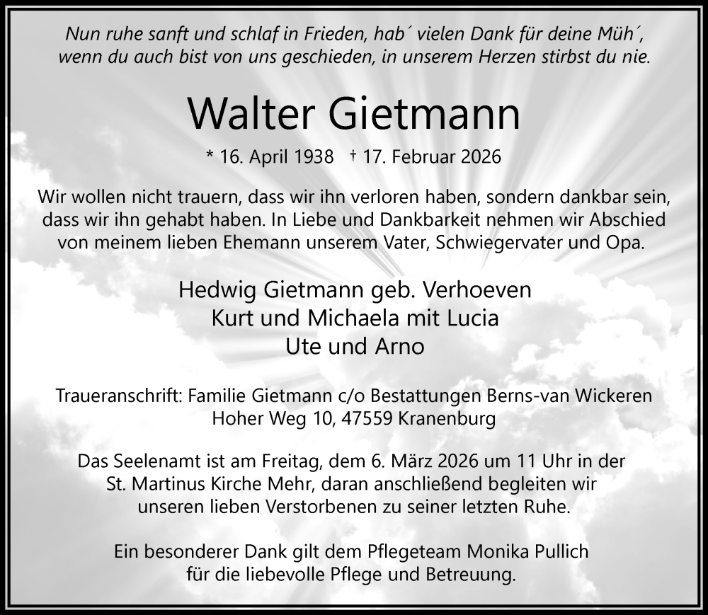  Traueranzeige für Walter Gietmann vom 21.02.2026 aus NNA
