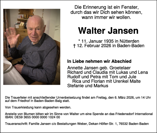 Traueranzeige von Walter Jansen von NNA