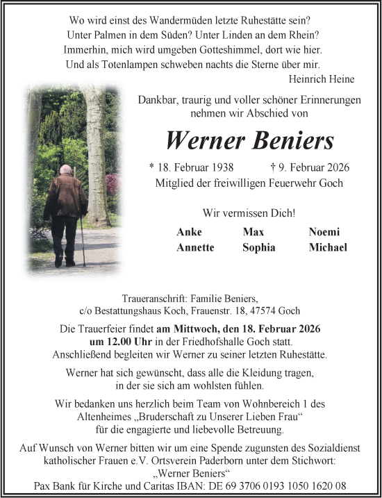 Traueranzeige von Werner Beniers von NNA