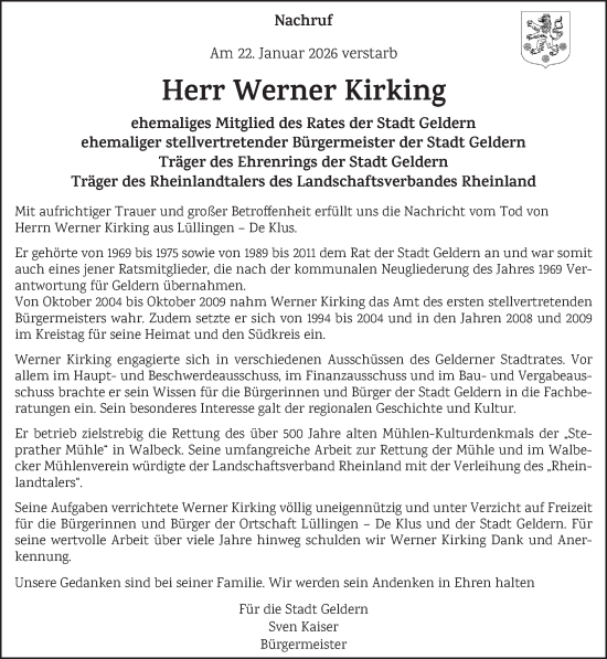 Traueranzeige von Werner Kirking von NNA