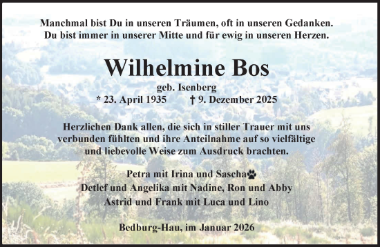 Traueranzeige von Wilhelmine Bos von NNA