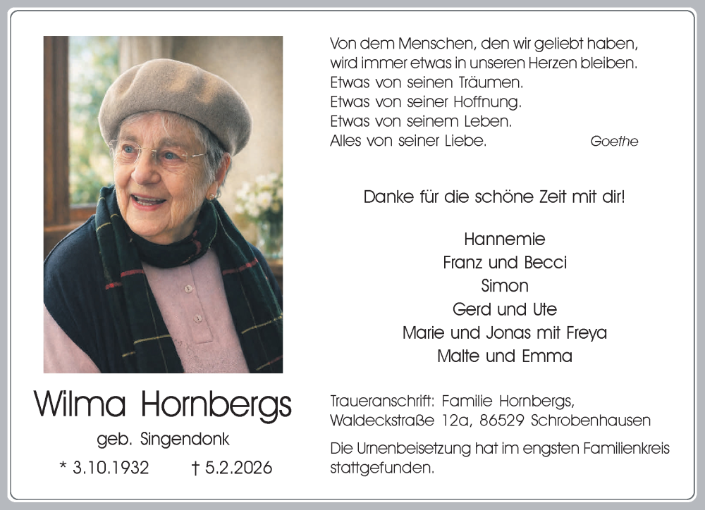  Traueranzeige für Wilma Hornbergs vom 21.02.2026 aus NNA
