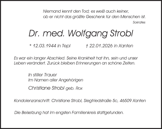 Traueranzeige von Wolfgang Strobl von NNA